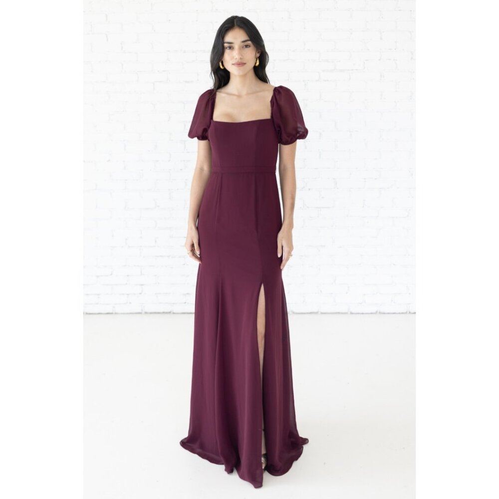 Long Wine Formal Bridesmaid Dress with slit and sleeve. Size 1X